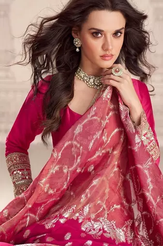 Pink embroidered work ethnic gown with dupatta