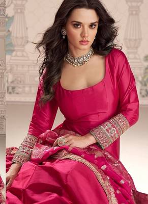 Pink embroidered work ethnic gown with dupatta 4