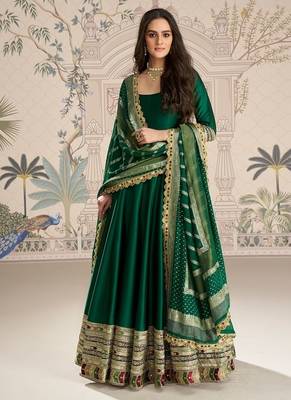 Green embroidered work ethnic gown with dupatta 1