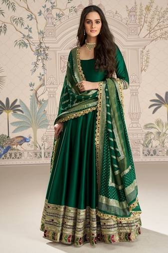 Green embroidered work ethnic gown with dupatta