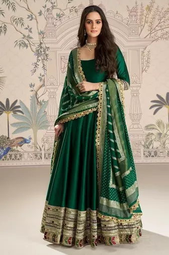 Green embroidered work ethnic gown with dupatta