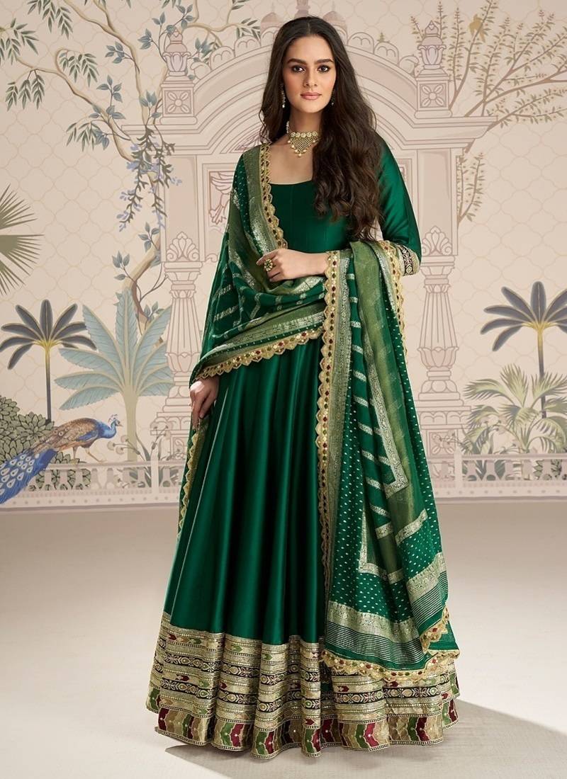 Green embroidered work ethnic gown with dupatta