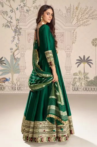 Green embroidered work ethnic gown with dupatta