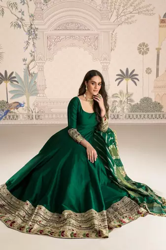 Green embroidered work ethnic gown with dupatta