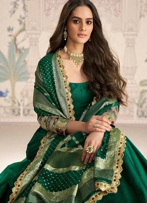 Green embroidered work ethnic gown with dupatta 4