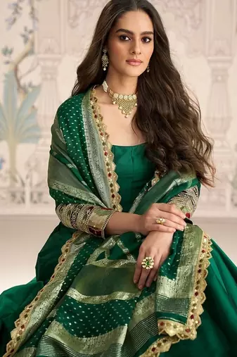 Green embroidered work ethnic gown with dupatta