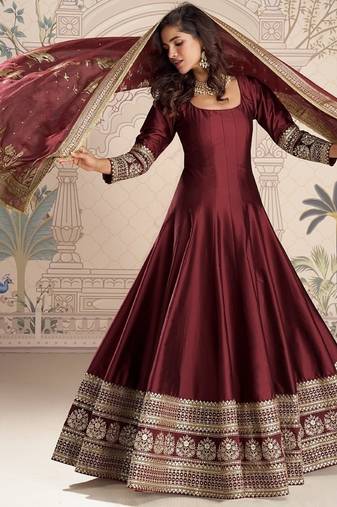 Maroon embroidered work ethnic gown with dupatta