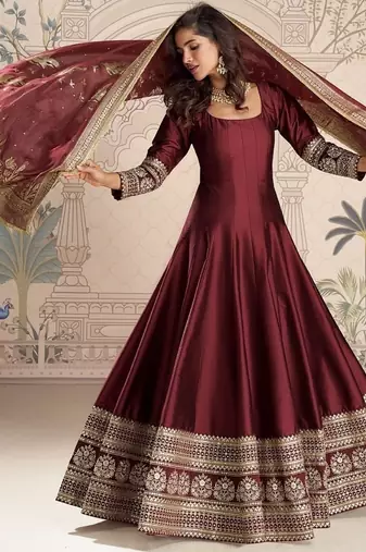 Maroon embroidered work ethnic gown with dupatta