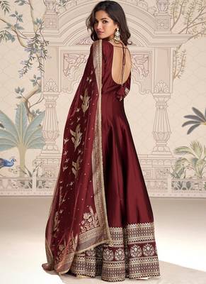 Maroon embroidered work ethnic gown with dupatta 2
