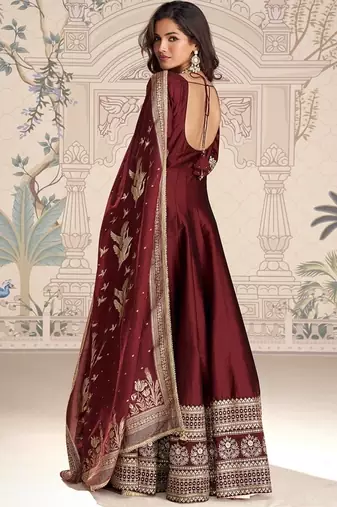 Maroon embroidered work ethnic gown with dupatta