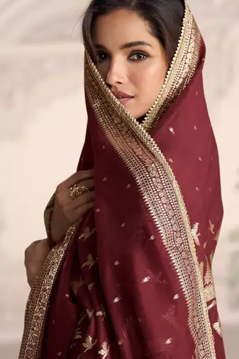 Maroon embroidered work ethnic gown with dupatta