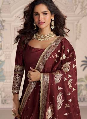 Maroon embroidered work ethnic gown with dupatta 4