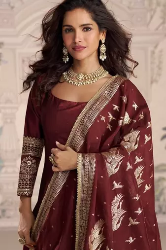 Maroon embroidered work ethnic gown with dupatta