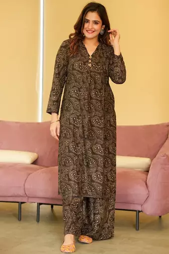 Brown black muslin digital print designer kurti pant