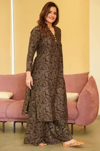 Brown black muslin digital print designer kurti pant