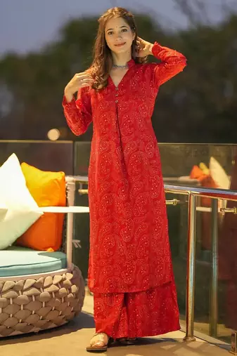 Red muslin digital print designer kurti pant