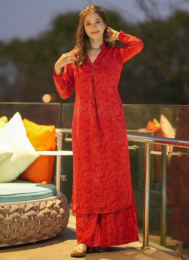 Red muslin digital print designer kurti pant