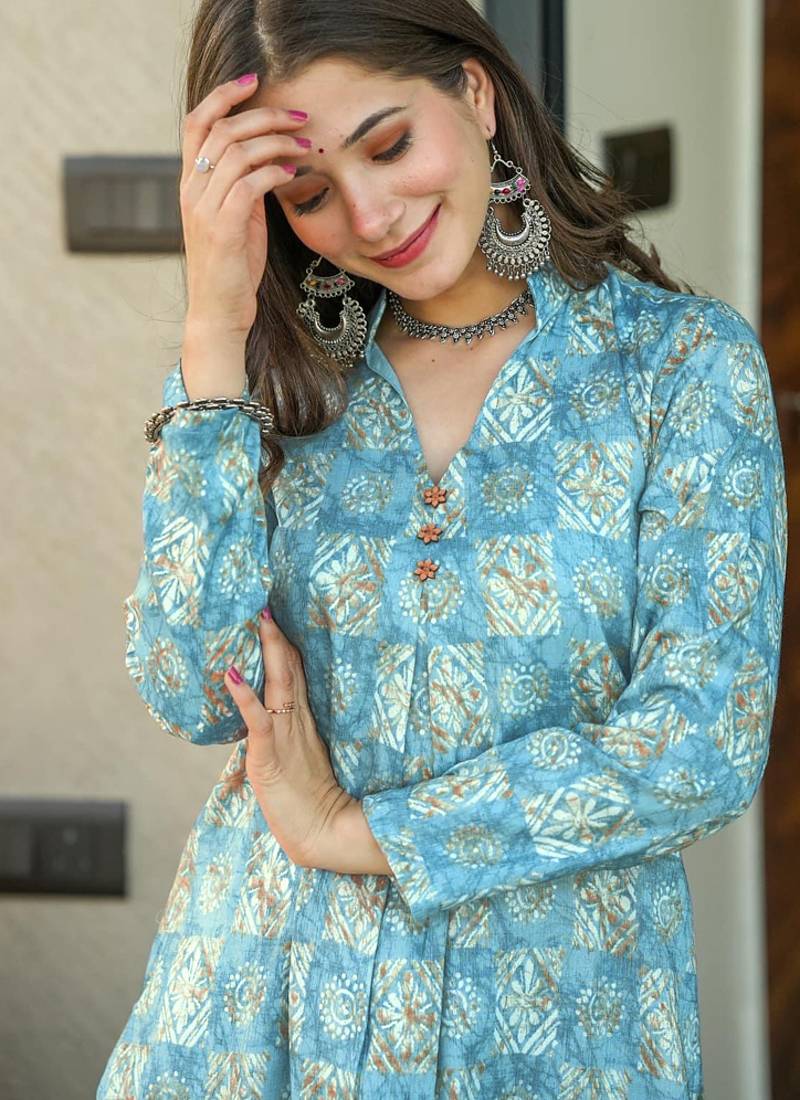 Electric blue muslin digital print designer kurti pant