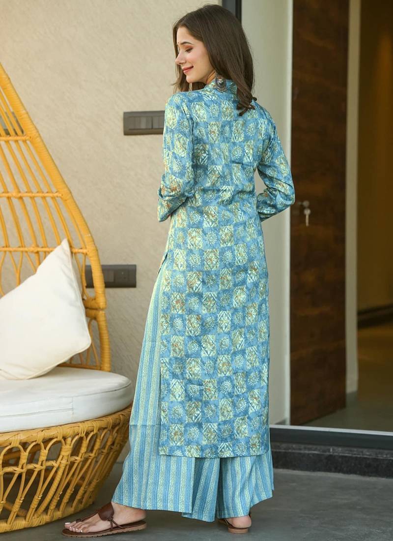 Electric blue muslin digital print designer kurti pant