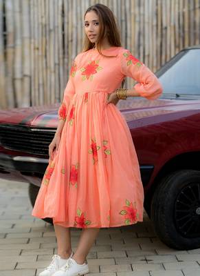 Peach rayon kota checks digital print kurti 1