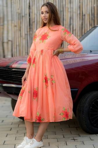 Peach rayon kota checks digital print kurti