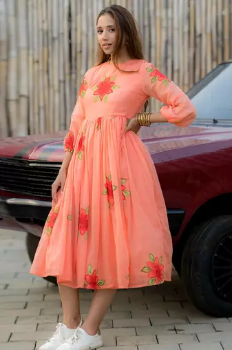 Peach rayon kota checks digital print kurti