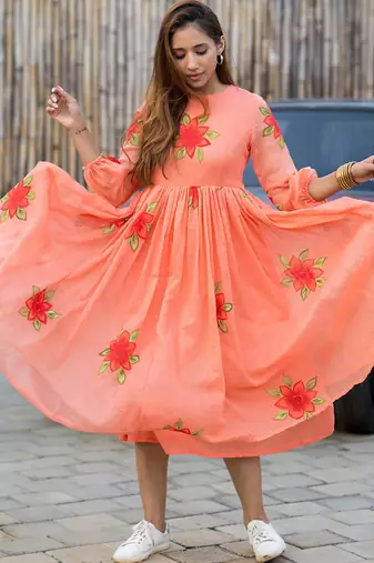 Peach rayon kota checks digital print kurti
