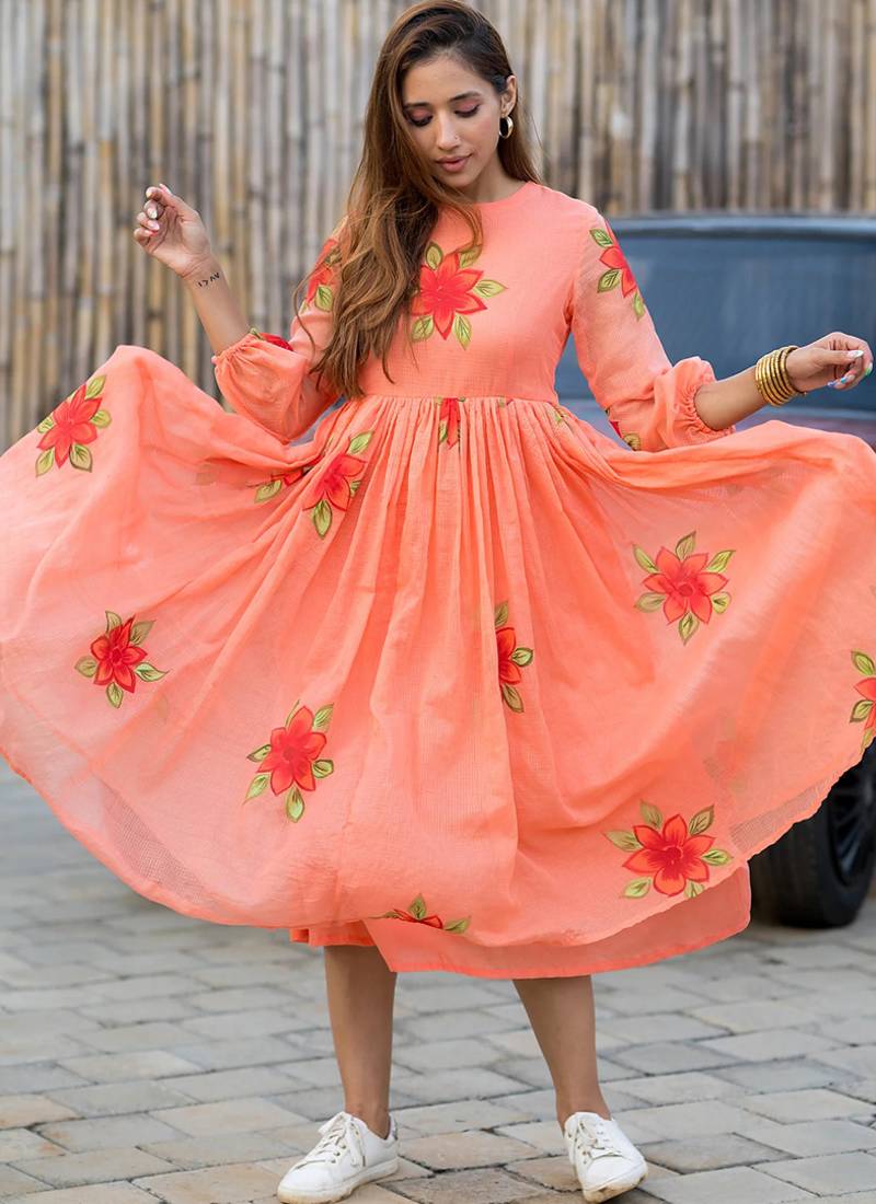 Peach rayon kota checks digital print kurti