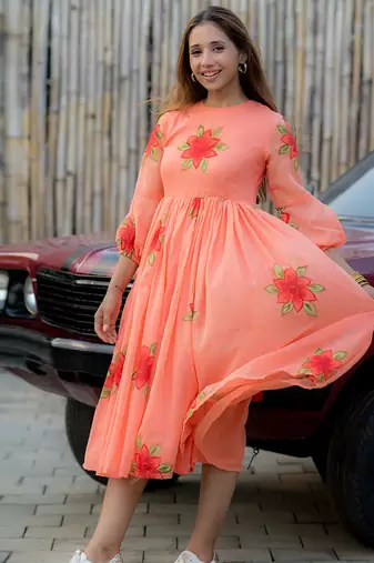Peach rayon kota checks digital print kurti
