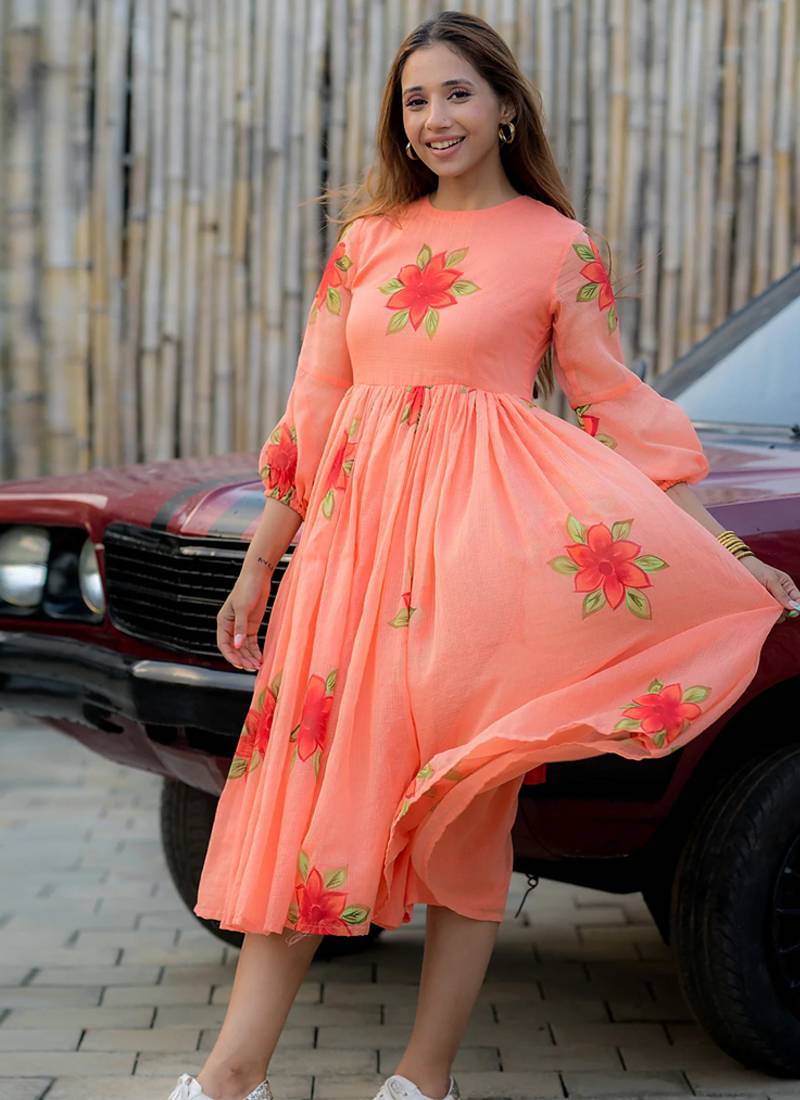 Peach rayon kota checks digital print kurti