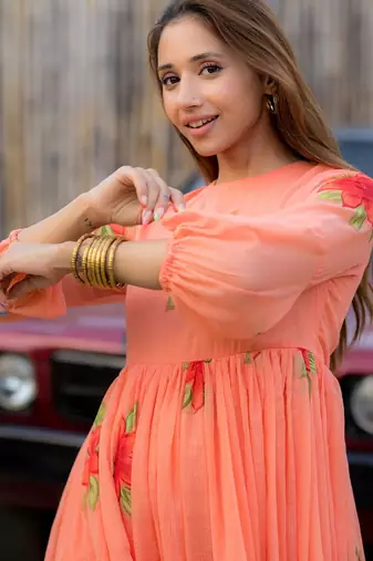 Peach rayon kota checks digital print kurti