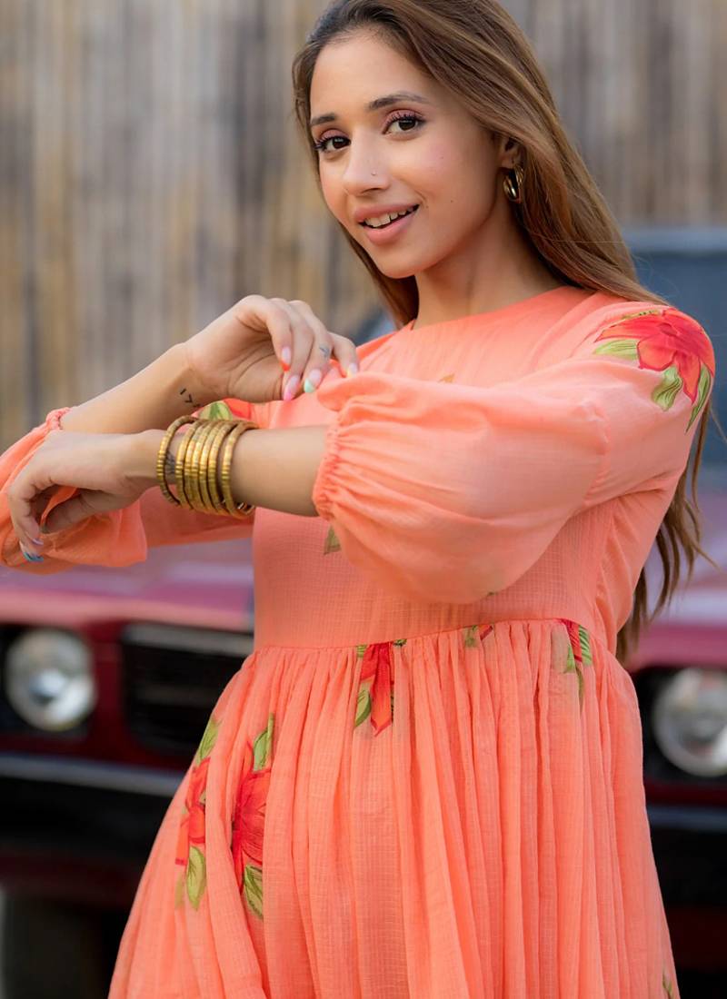 Peach rayon kota checks digital print kurti