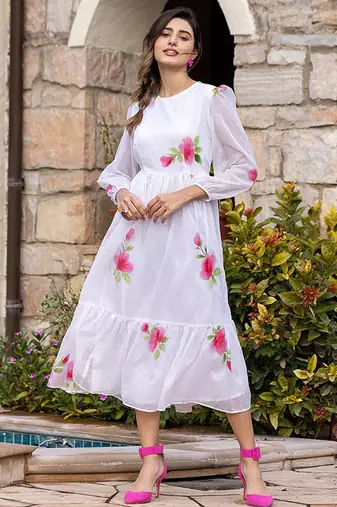Off white rayon kota checks digital print kurti