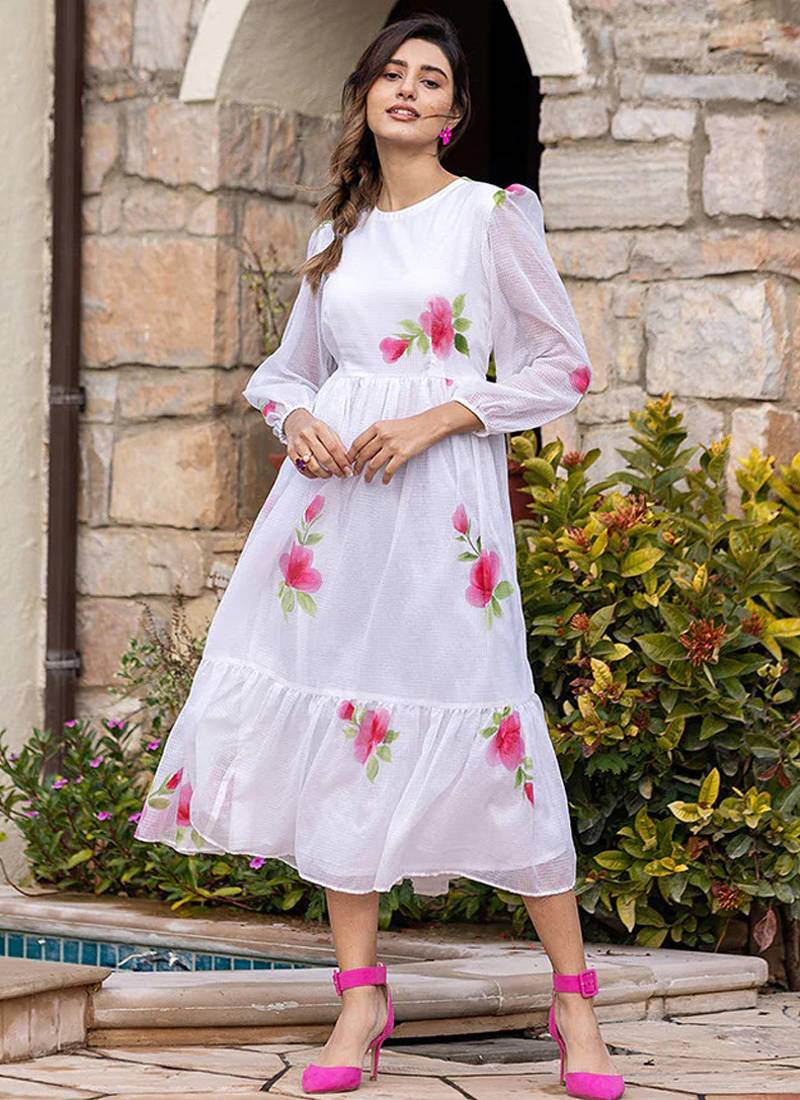 Off white rayon kota checks digital print kurti