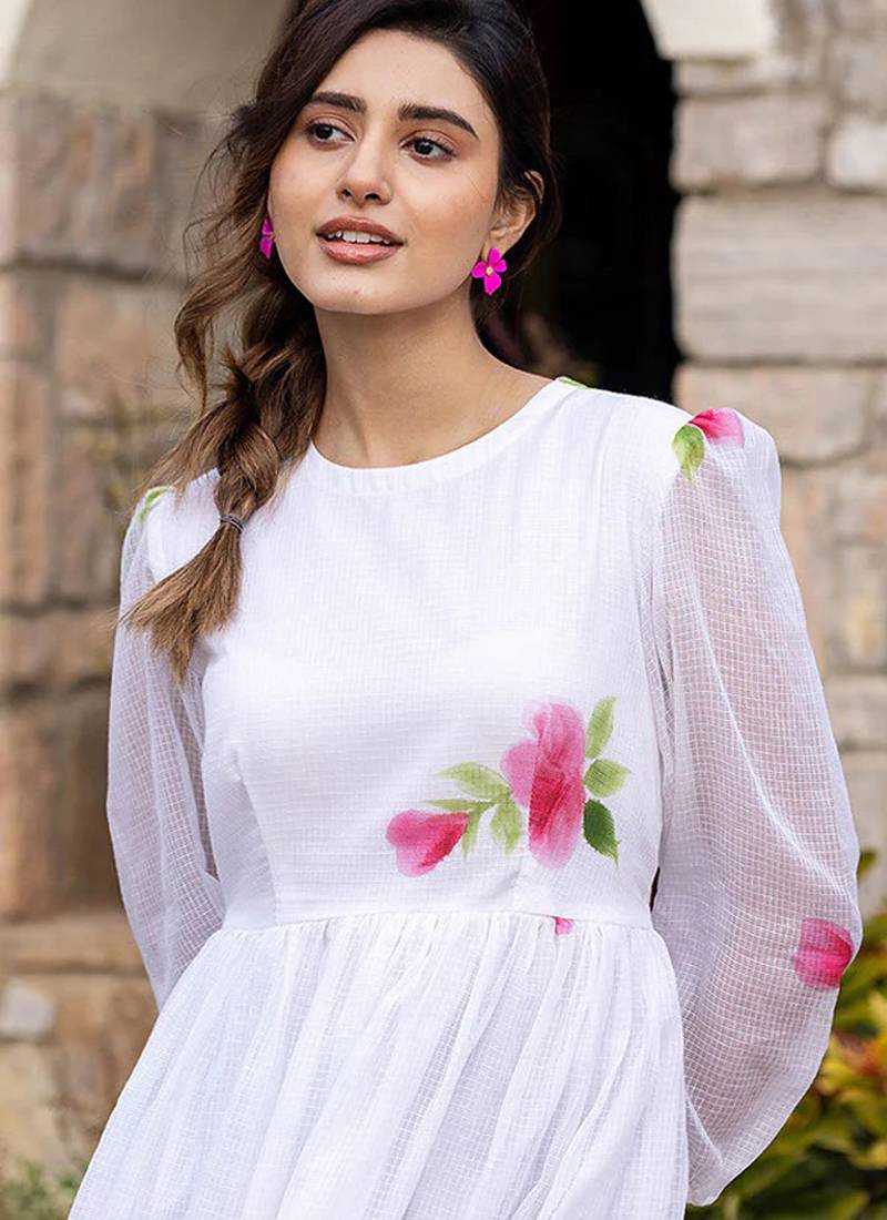 Off white rayon kota checks digital print kurti