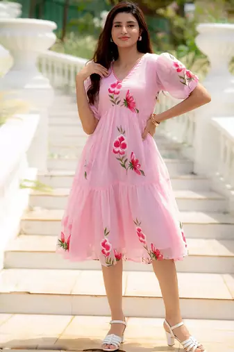 Light pink rayon kota checks digital print kurti