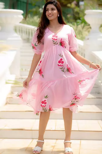 Light pink rayon kota checks digital print kurti