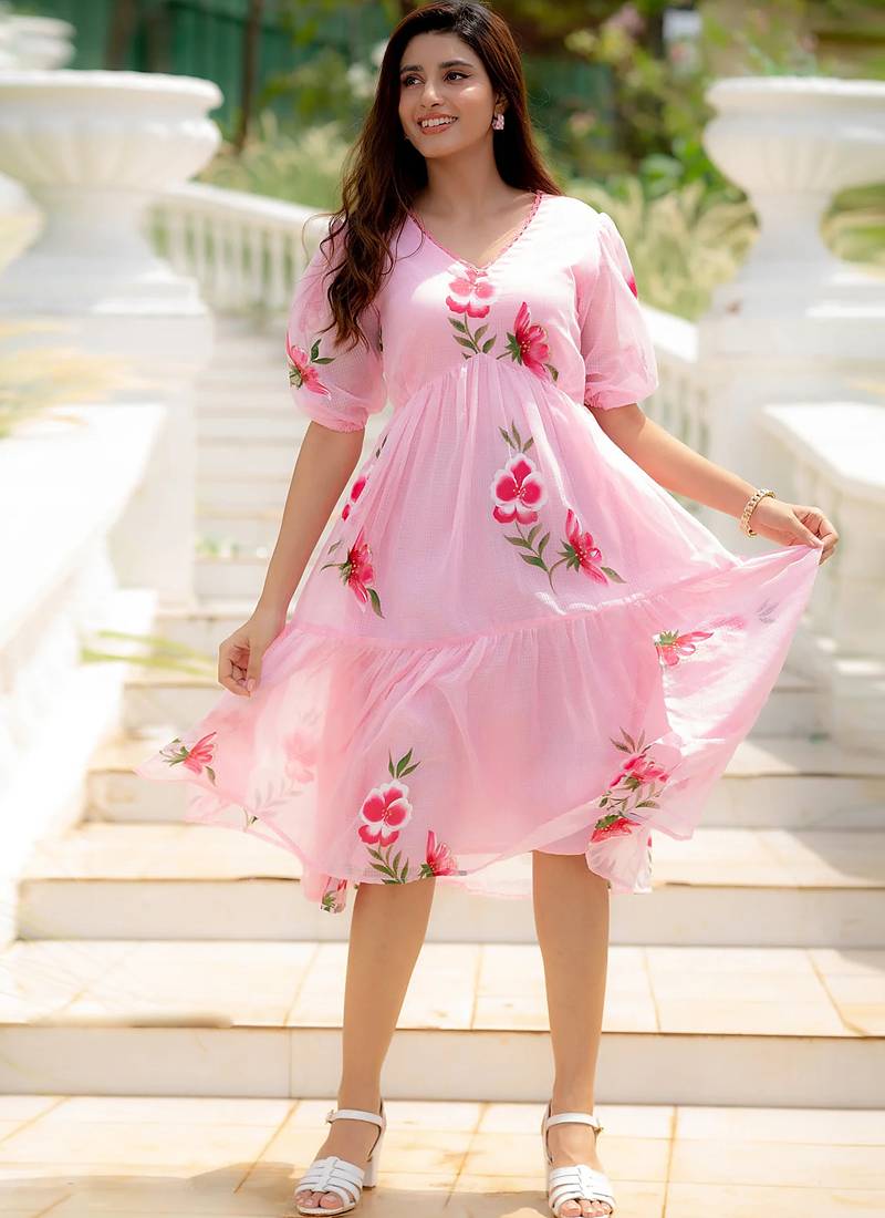 Light pink rayon kota checks digital print kurti