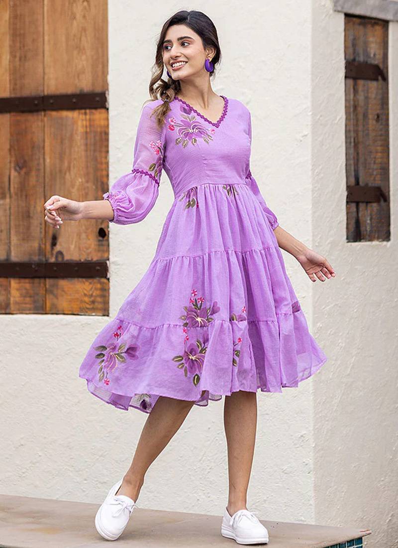 Lavender  rayon kota checks digital print kurti