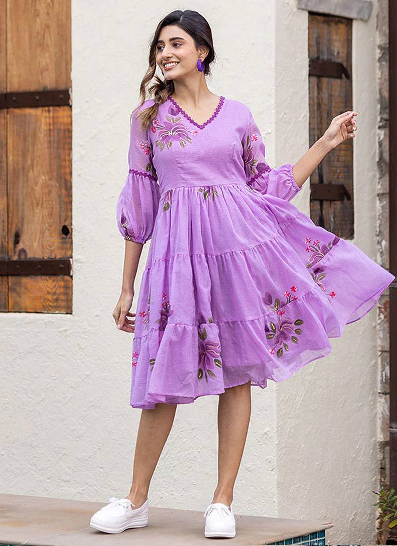 Lavender  rayon kota checks digital print kurti