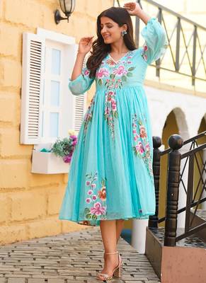 Sky blue rayon kota checks digital print kurti 1