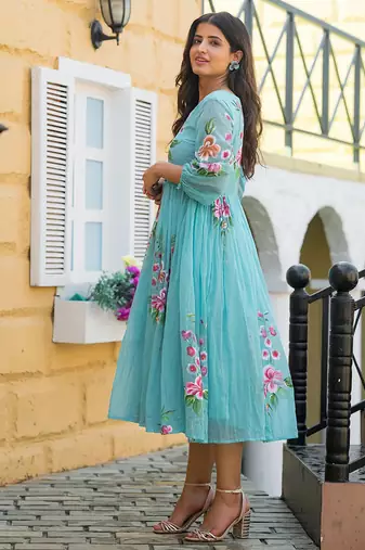 Sky blue rayon kota checks digital print kurti