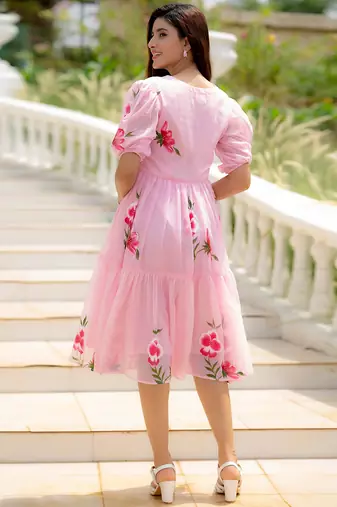 Light pink rayon kota checks digital print kurti