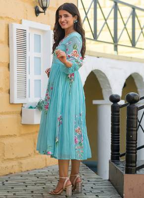 Sky blue rayon kota checks digital print kurti 3