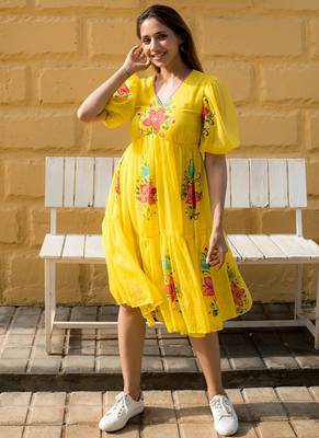 Yellow rayon kota checks digital print kurti 1