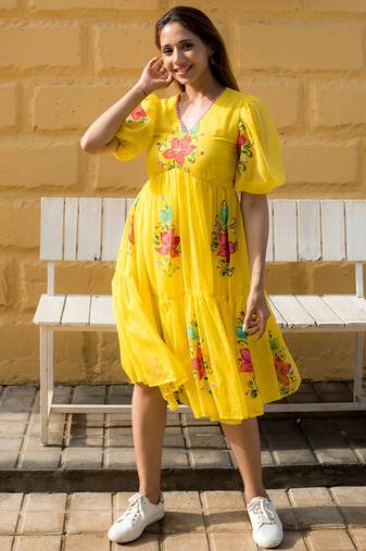 Yellow rayon kota checks digital print kurti