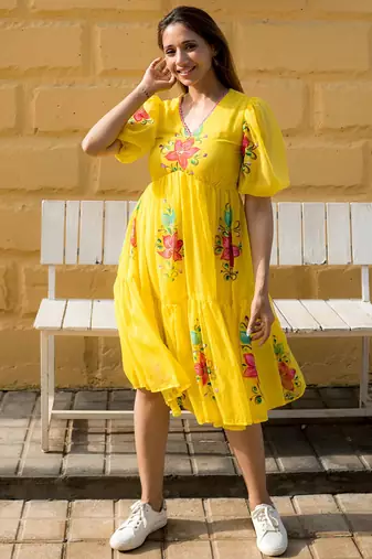 Yellow rayon kota checks digital print kurti