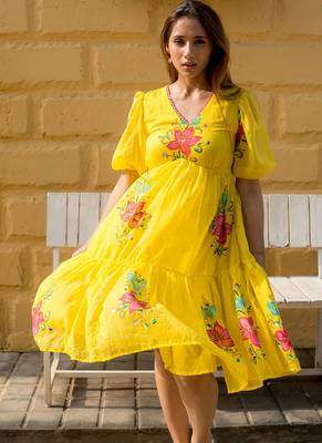 Yellow rayon kota checks digital print kurti 2