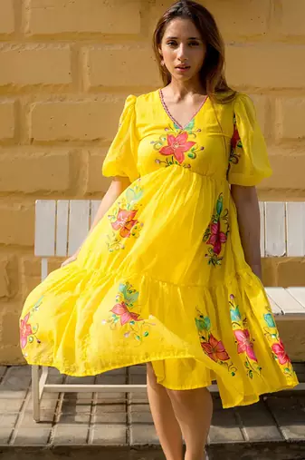 Yellow rayon kota checks digital print kurti