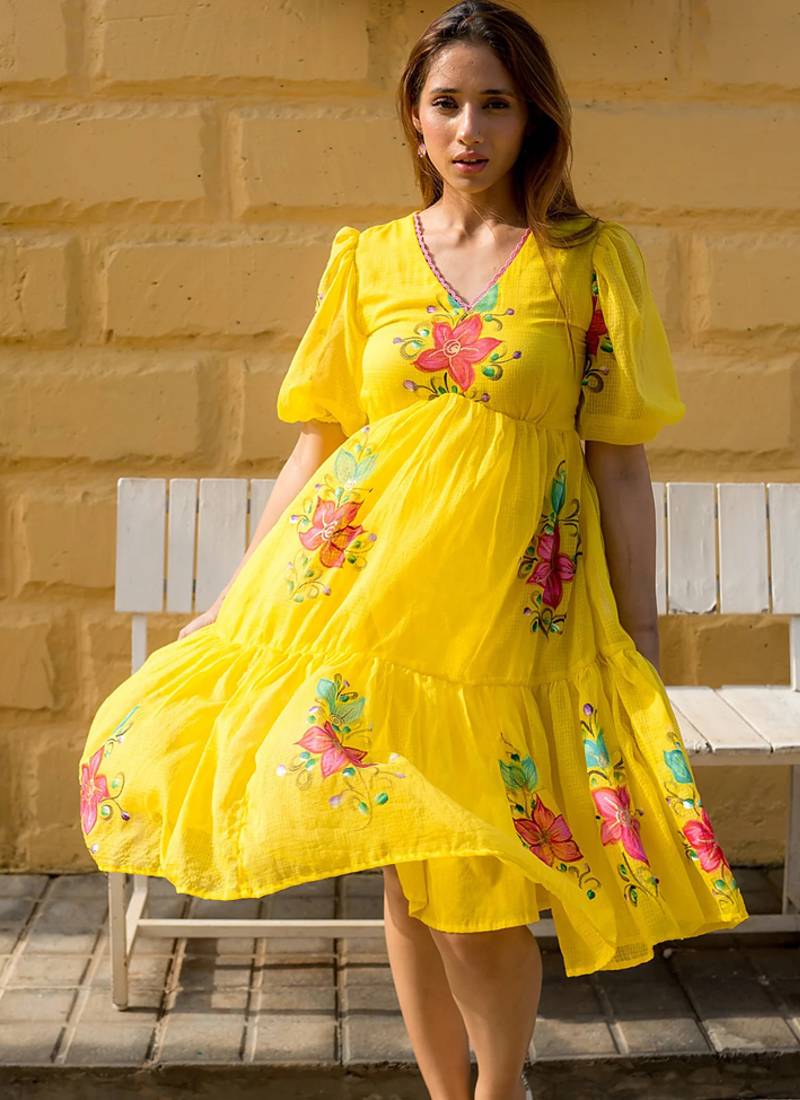 Yellow rayon kota checks digital print kurti
